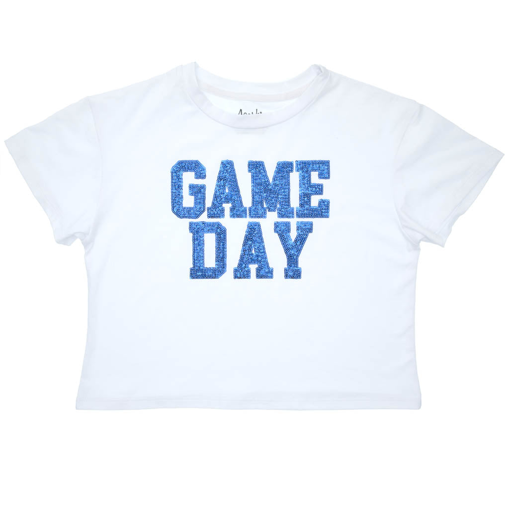 Sequin Game Day Royal on Boxy T’ in White
