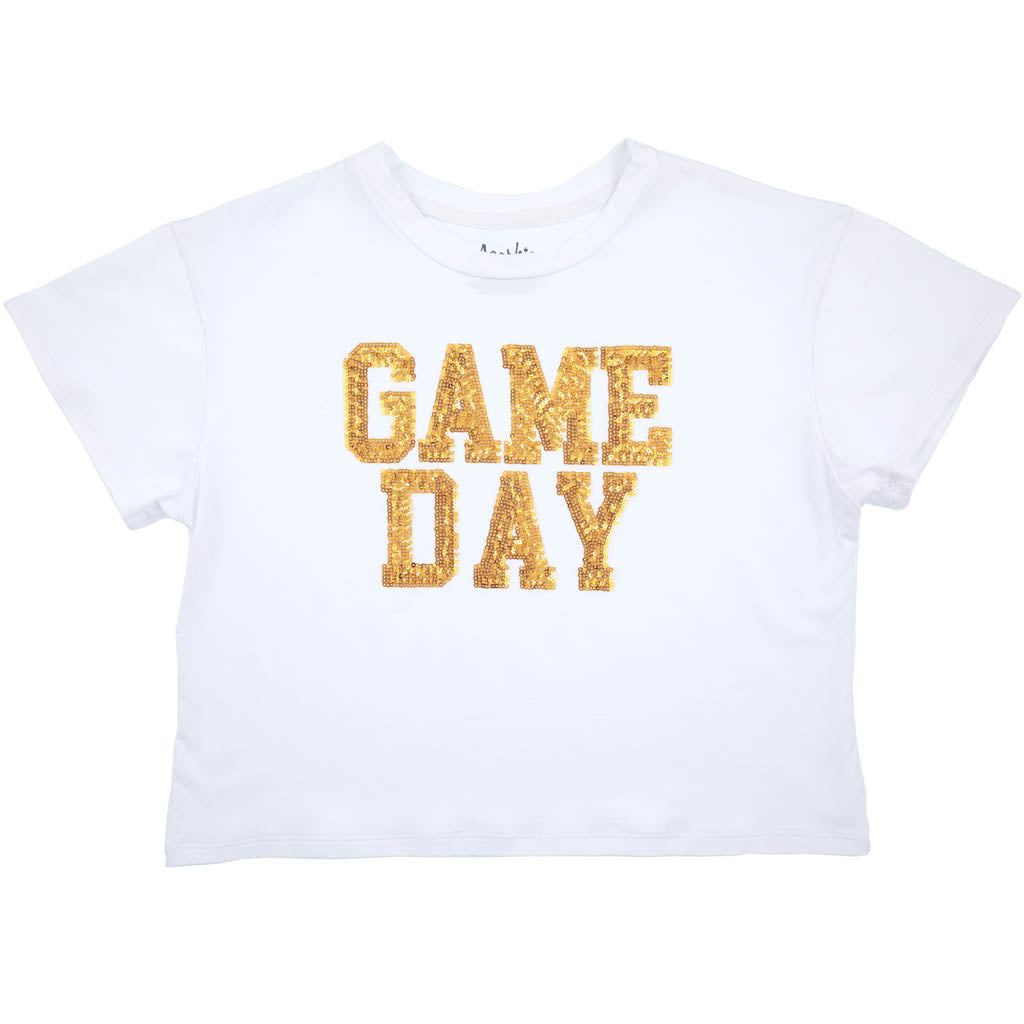 Sequin Game Day Gold Boxy T’ in White