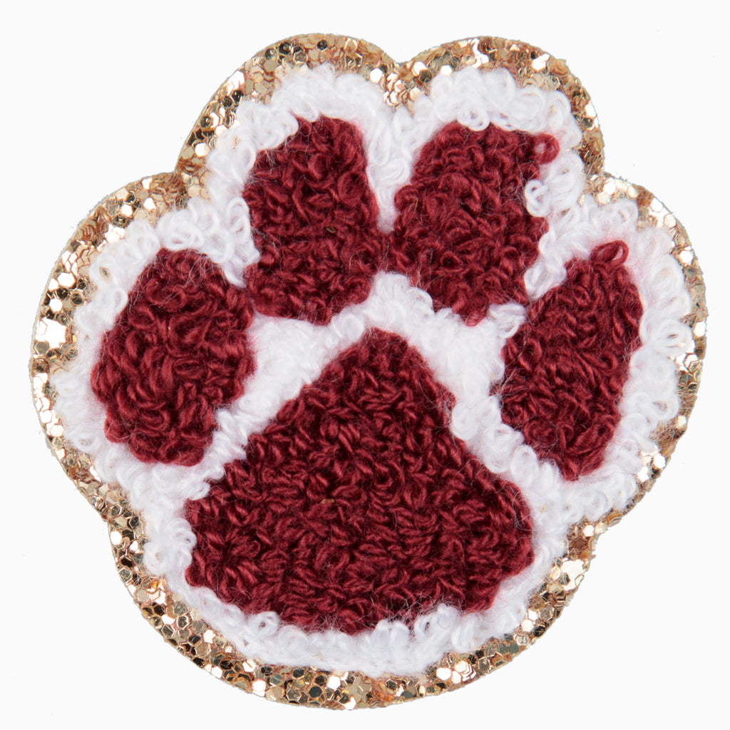 Chenille Paw Maroon White Patch Dawgs (Iron On)