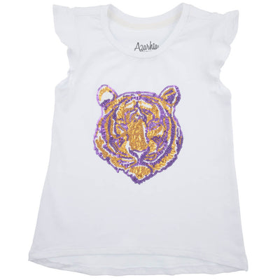 Purple Gold Sequin Tiger Face on White Ruffle Sleeve