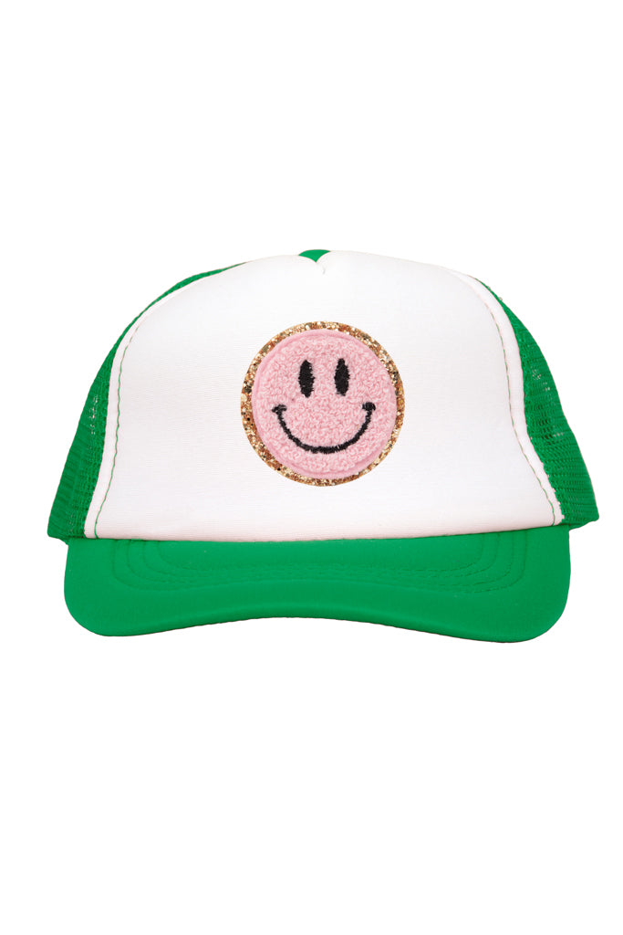 Pink Smiley Chenille Patch on Green Youth Trucker Cap