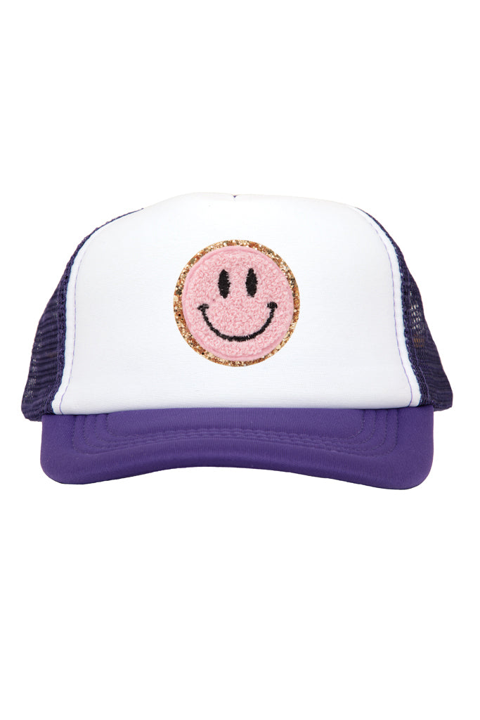 Pink Smiley Chenille Patch on Purple Youth Trucker Cap