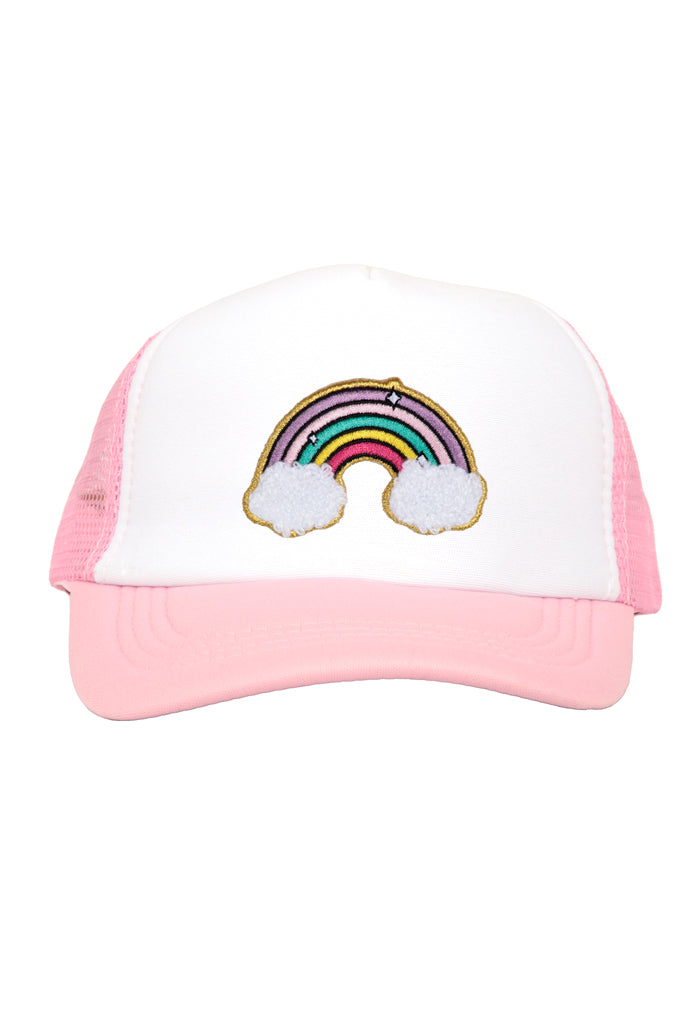 Rainbow Chenille Patch on Pink Youth Trucker Cap