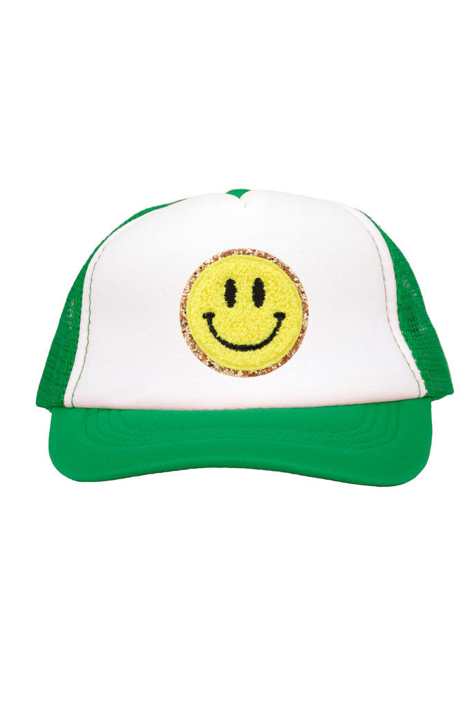 Yellow Smiley Chenille Patch on Green Youth Trucker Cap