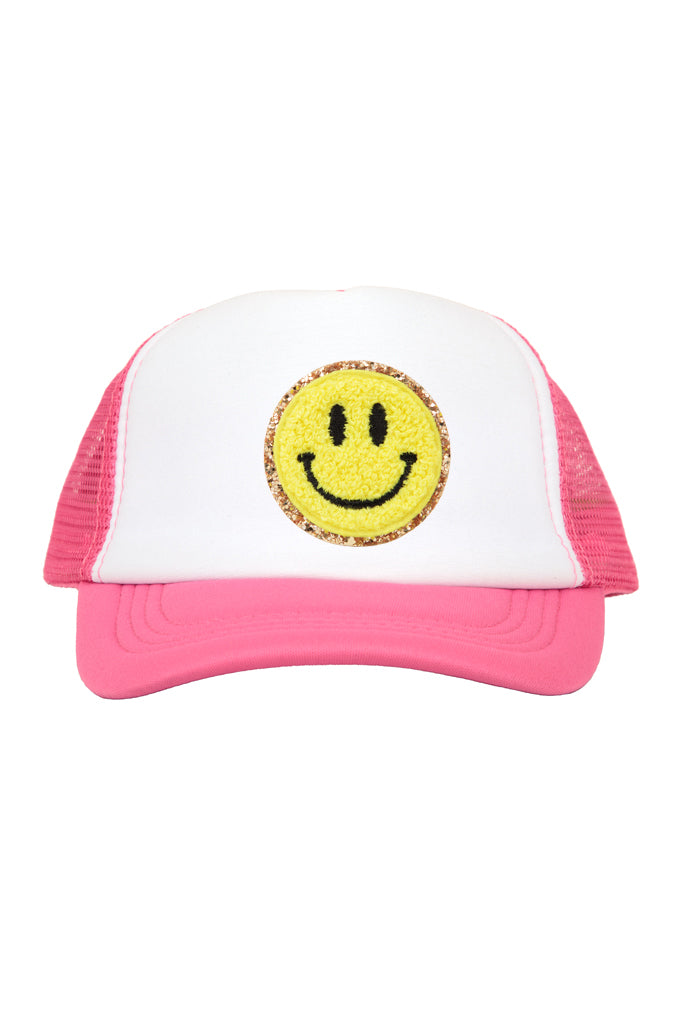 Yellow Smiley Chenille Patch on Hot Pink Youth Trucker Cap