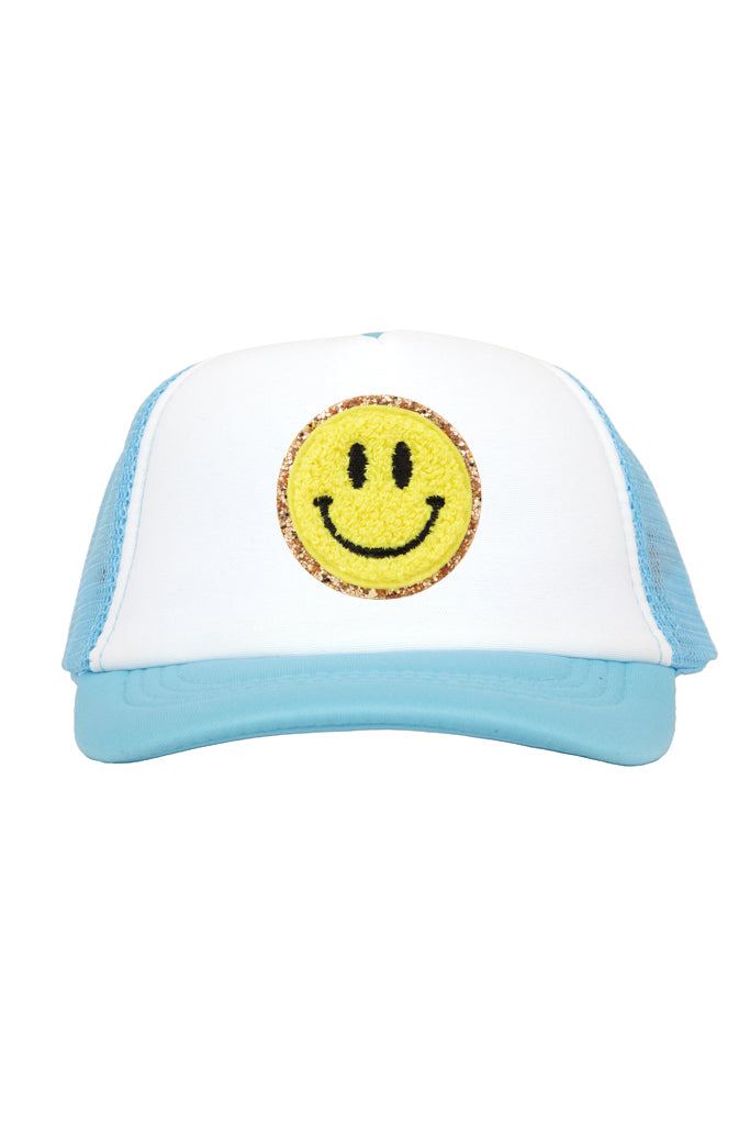 Yellow Smiley Chenille Patch on Light Blue Youth Trucker Cap