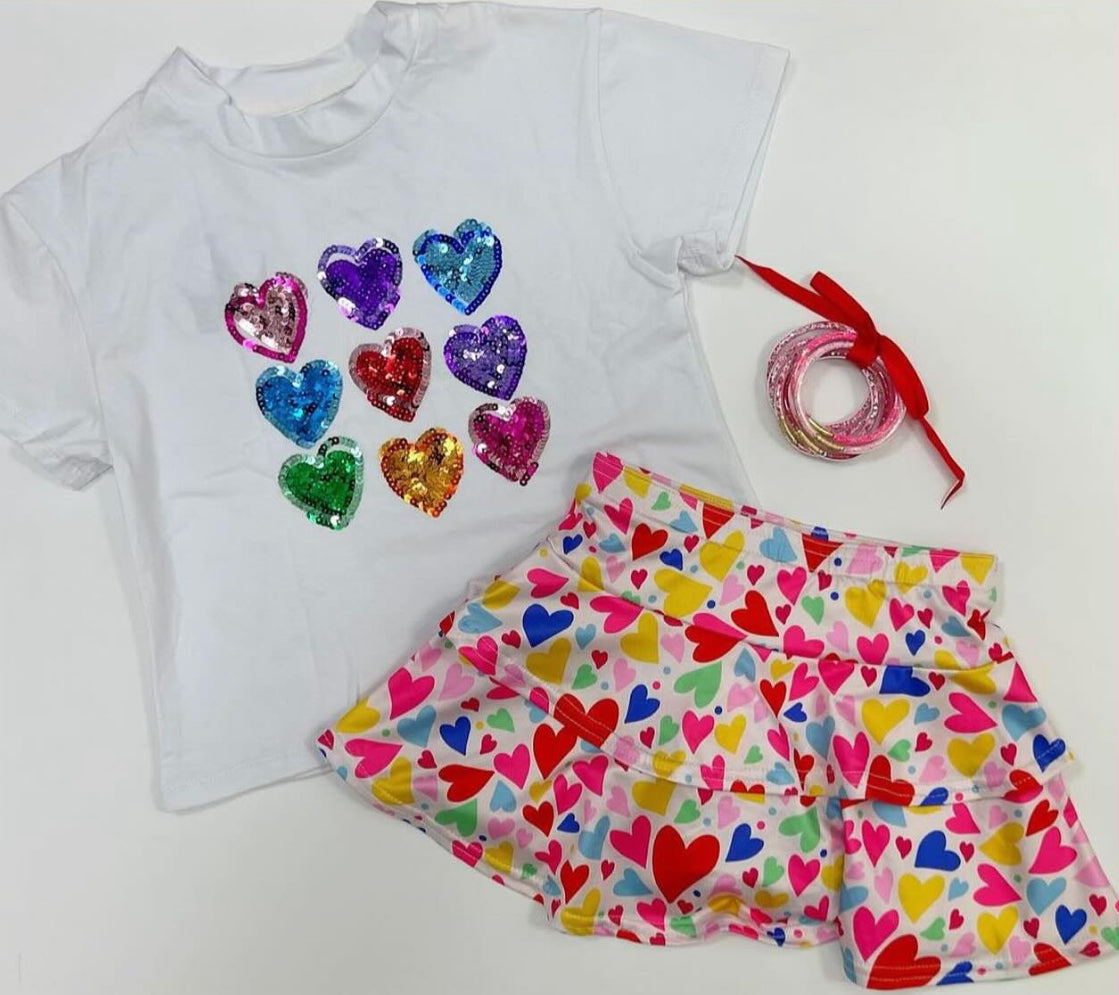 Sequin Rainbow Hearts Boxy T’ in White Valentines