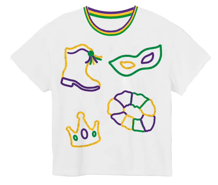 Mardi Gras Elements in sequin on White Boxy