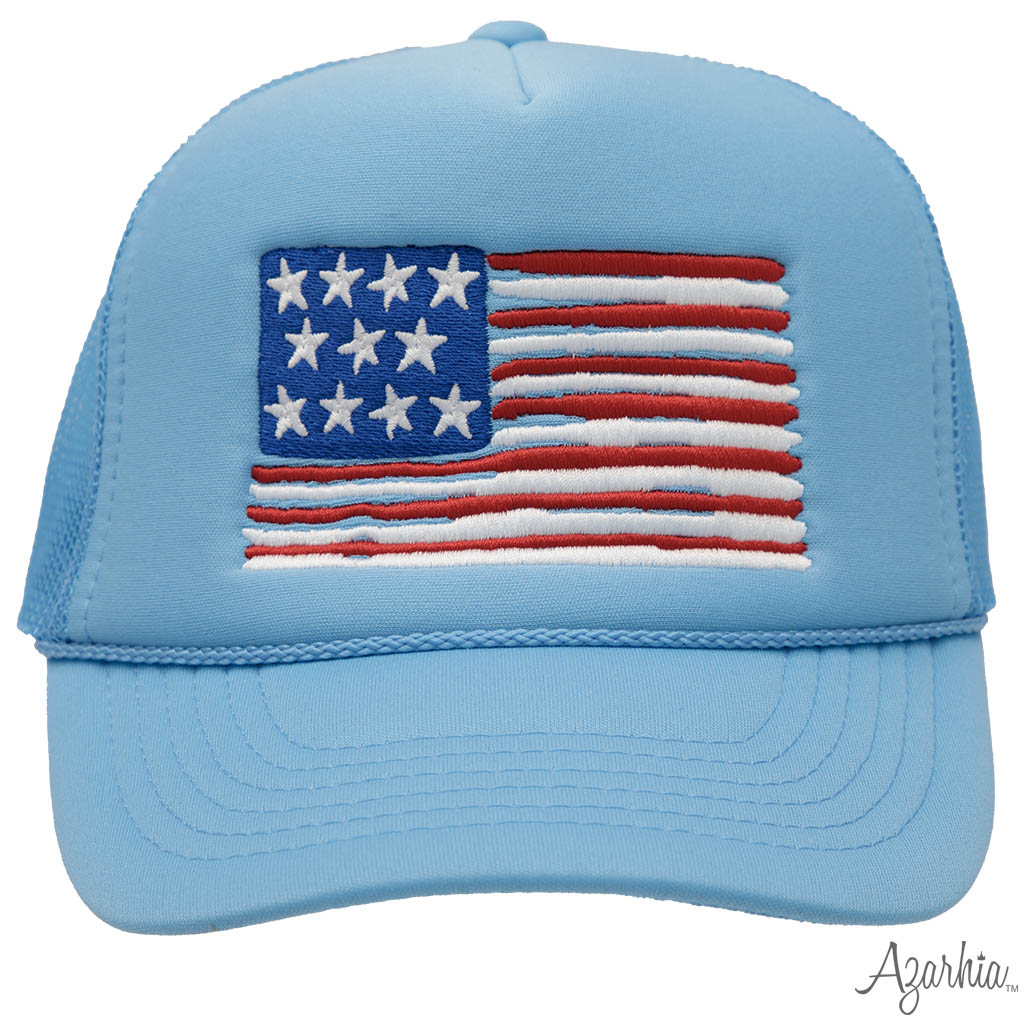 American Flag Embroidered on Youth Light Blue Trucker