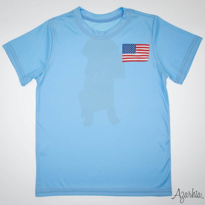 American Lab Screen Print on Light Blue Dri Fit