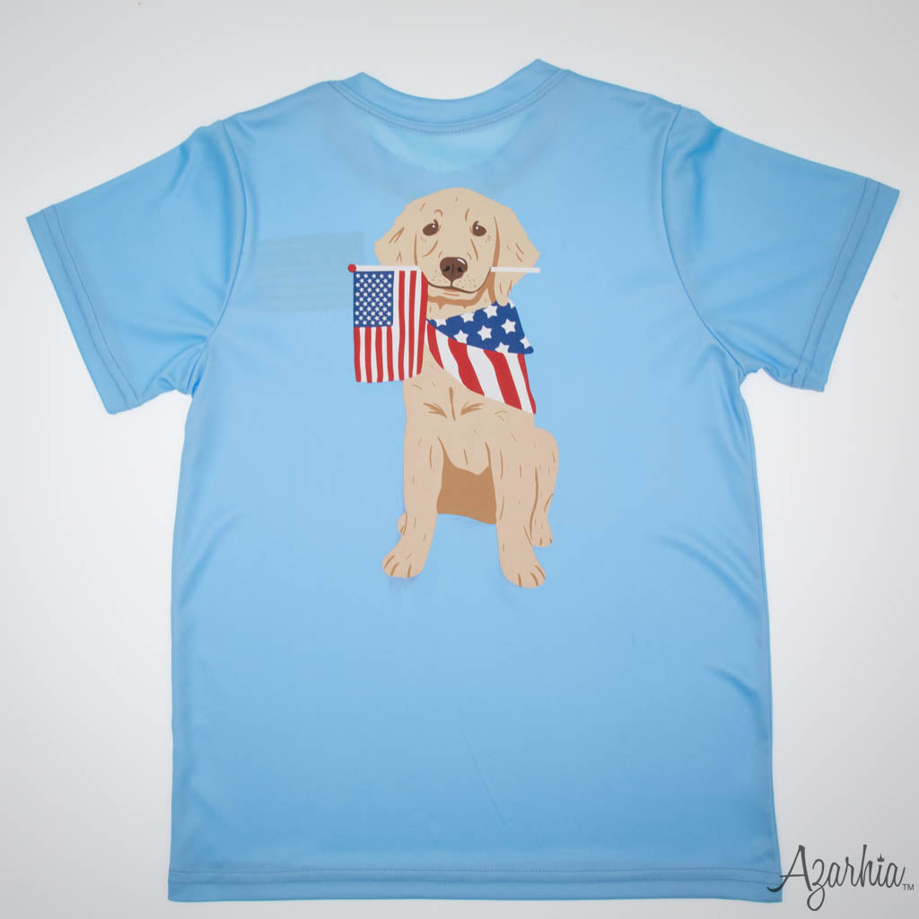 American Lab Screen Print on Light Blue Dri Fit