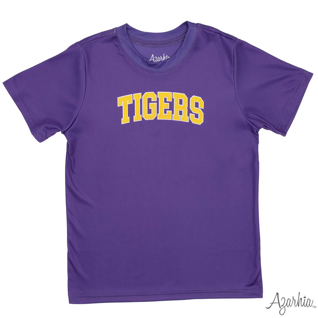 Tigers ARCH in Gold on Purple Drifit Shirt GAME DAY