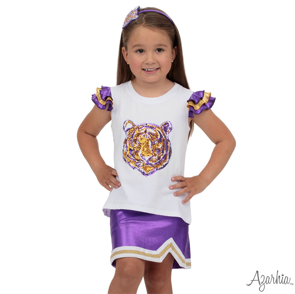 Shimmer Cheer Suit in Purple & Gold