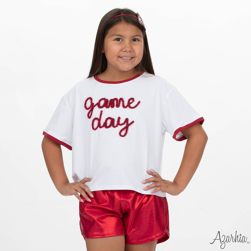 Tinsel Game Day Ringer Boxy T' Crimson