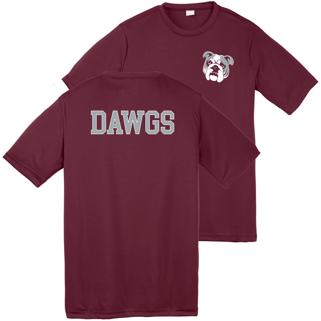 Bulldog Logo on Left Chest with Dawgs on Back of Maroon Dri Fit
