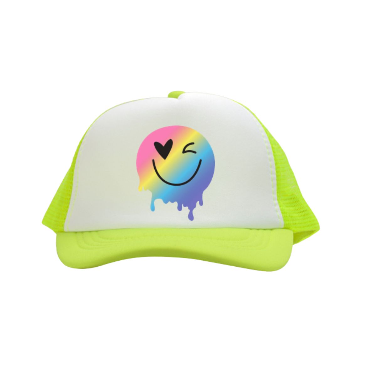 Drip Smiley on Neon Yellow Youth Trucker Cap 90s Throw Back