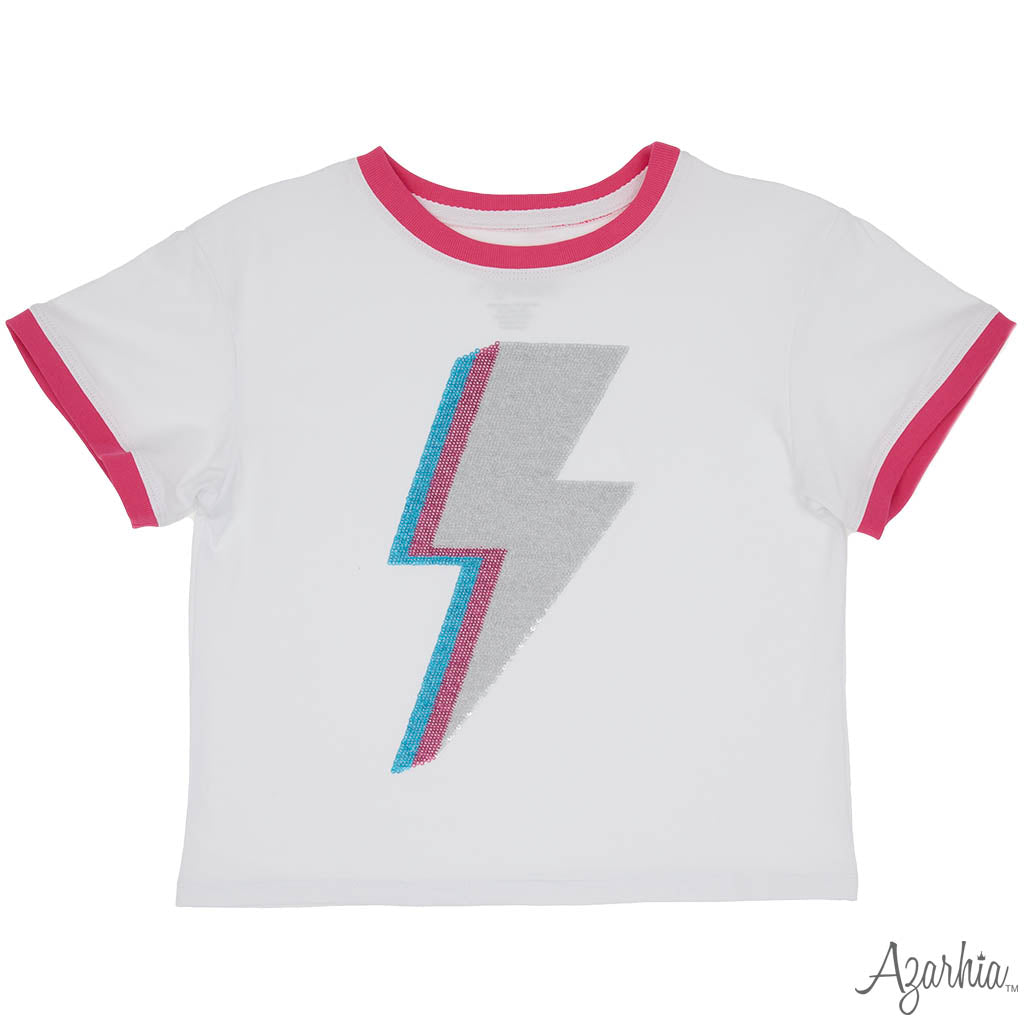 Sequin Lightning Bolt on White Ringer Boxy T