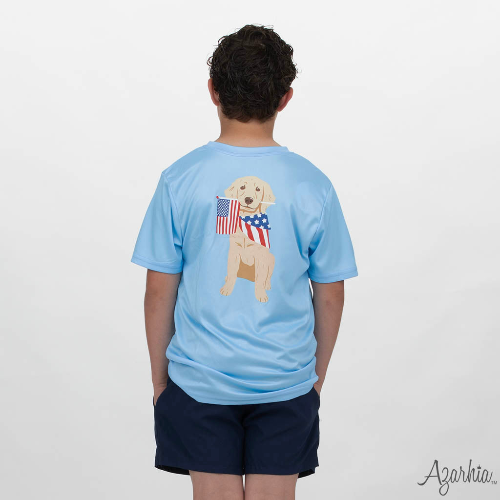 American Lab Screen Print on Light Blue Dri Fit