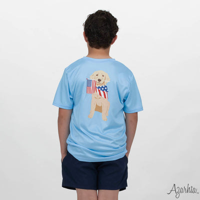 American Lab Screen Print on Light Blue Dri Fit