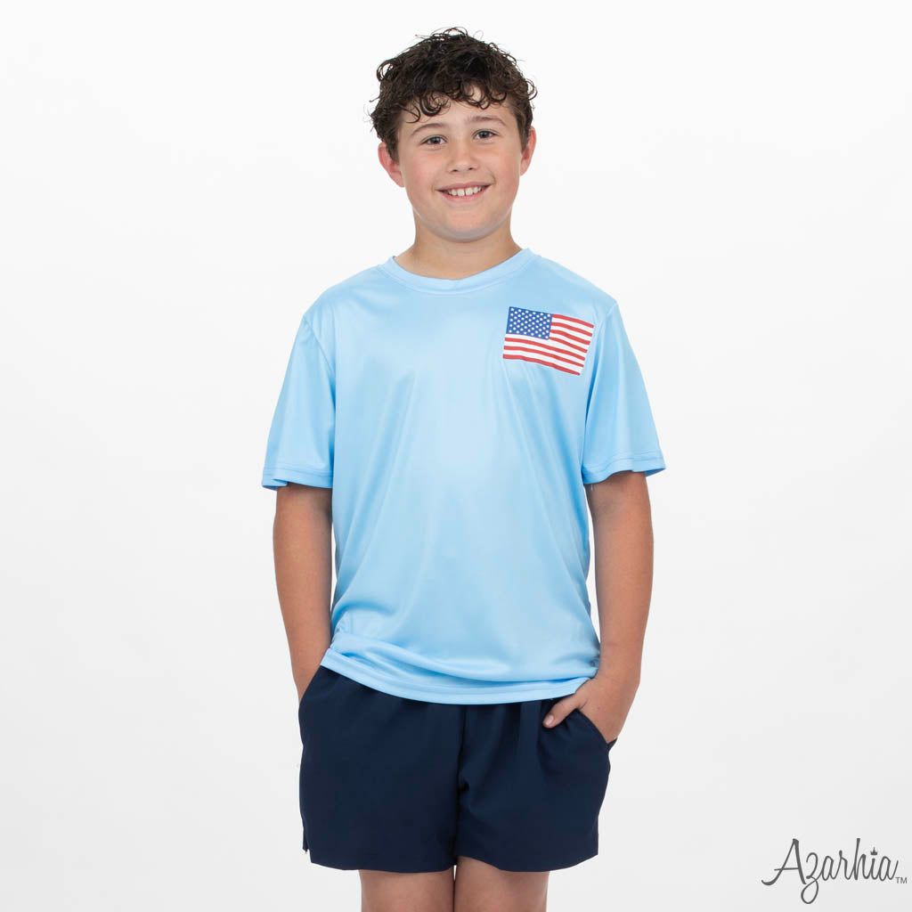 American Lab Screen Print on Light Blue Dri Fit