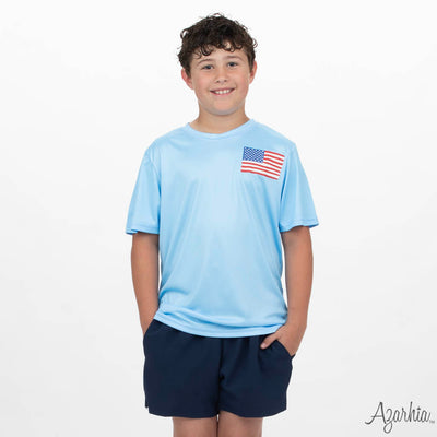 American Lab Screen Print on Light Blue Dri Fit