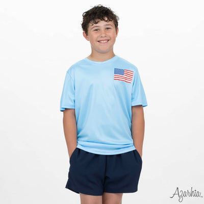 American Lab Screen Print on Light Blue Dri Fit