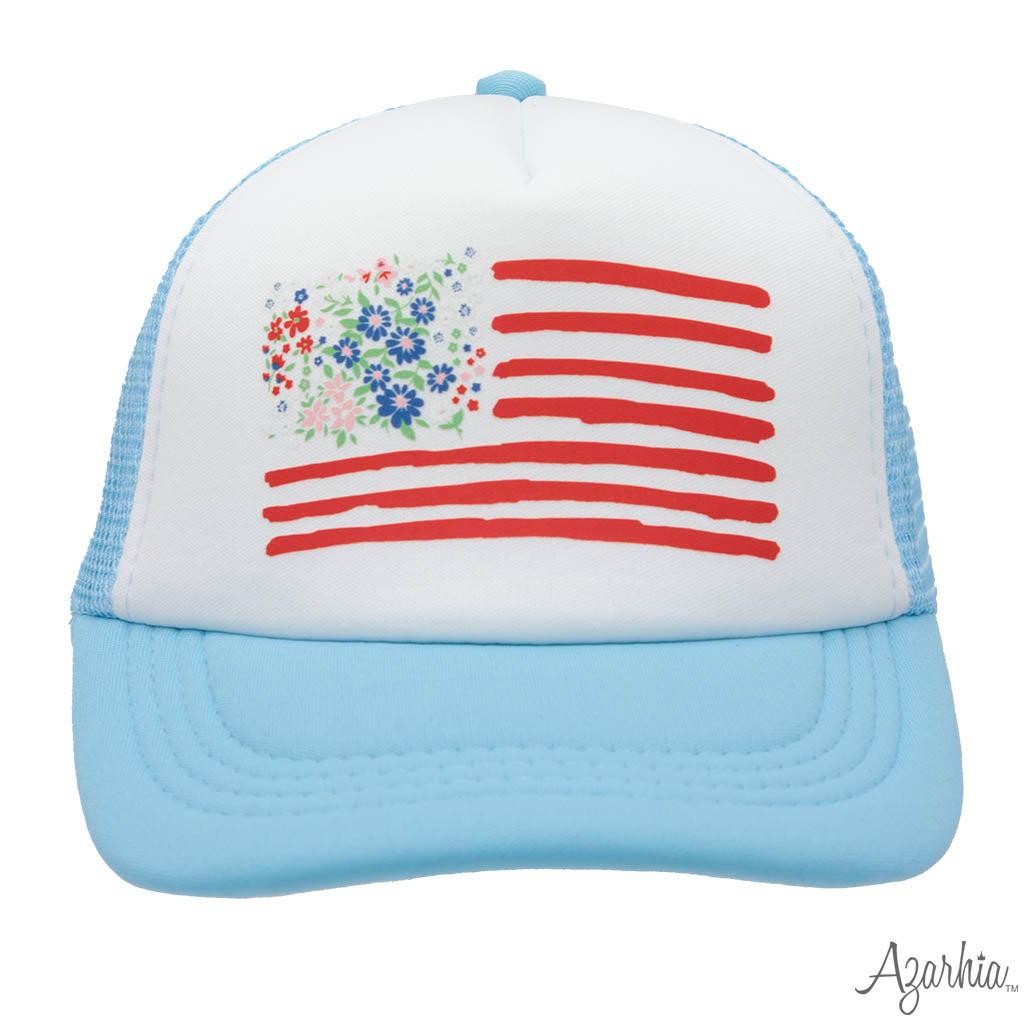 Liberty Flowers Screen Print on Youth Light Blue Trucker