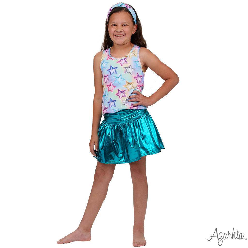 Slick Metallic Gathered Skort in Turquoise