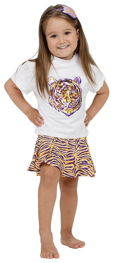 game day Sequin Tiger Face Purple & Gold Boxy T’