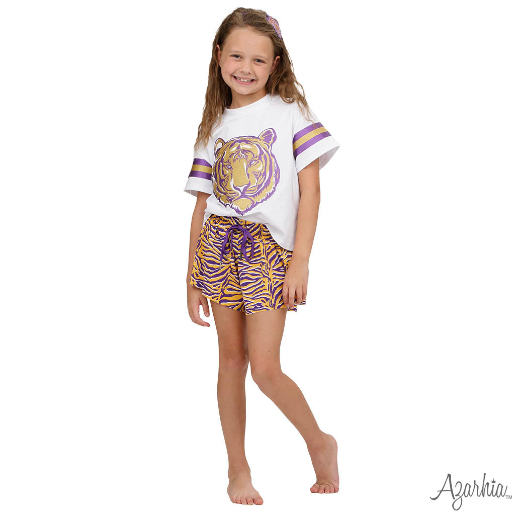 GAME DAY Glitter Boxy T’ Purple Gold Tiger