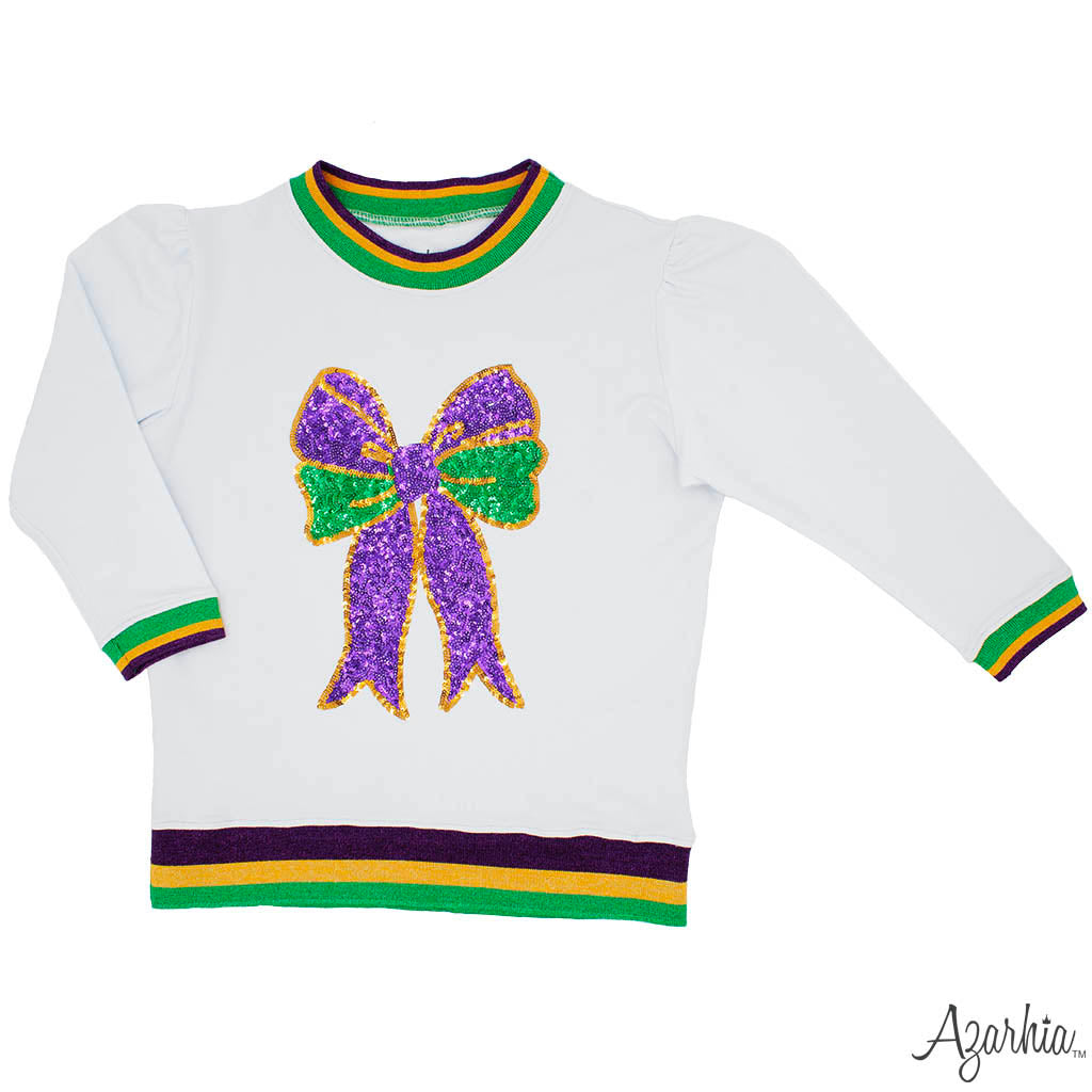 Sequin Bow white Holly Sweatshirt Mardi Gras