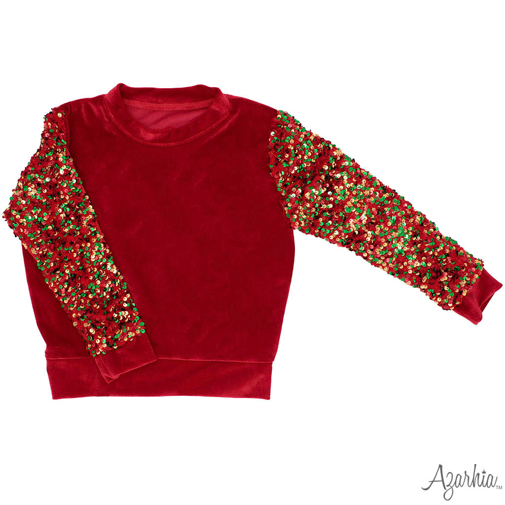 Sequin Sleeve CHRISTMAS on Red Velour Sweatshirt