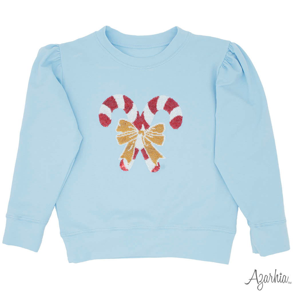 Holly Lt Blue sweatshirt  Sequin Candy Canes CHRISTMAS