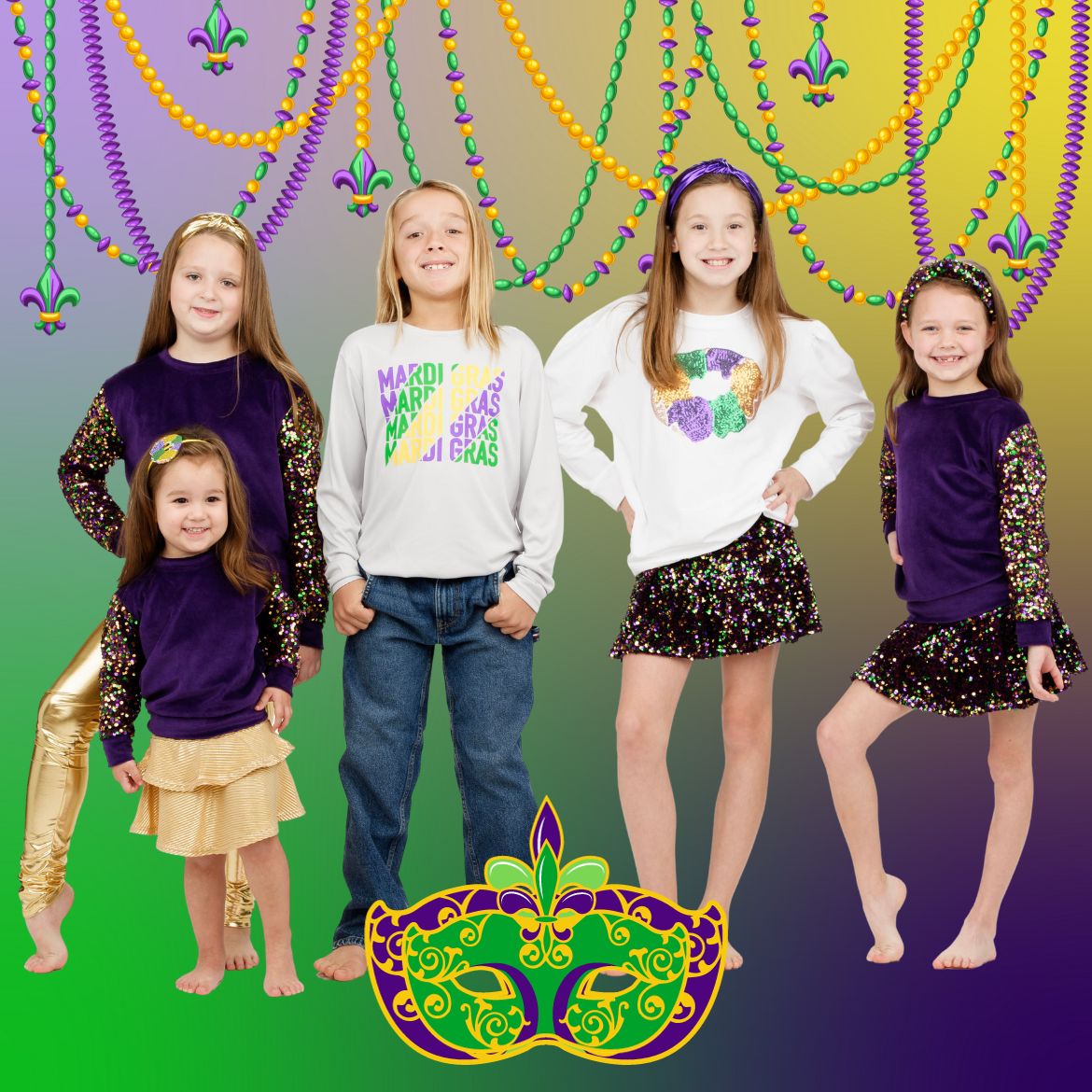 Mardi Gras repeating with diagonal colors on Long Sleeve Gray Dr