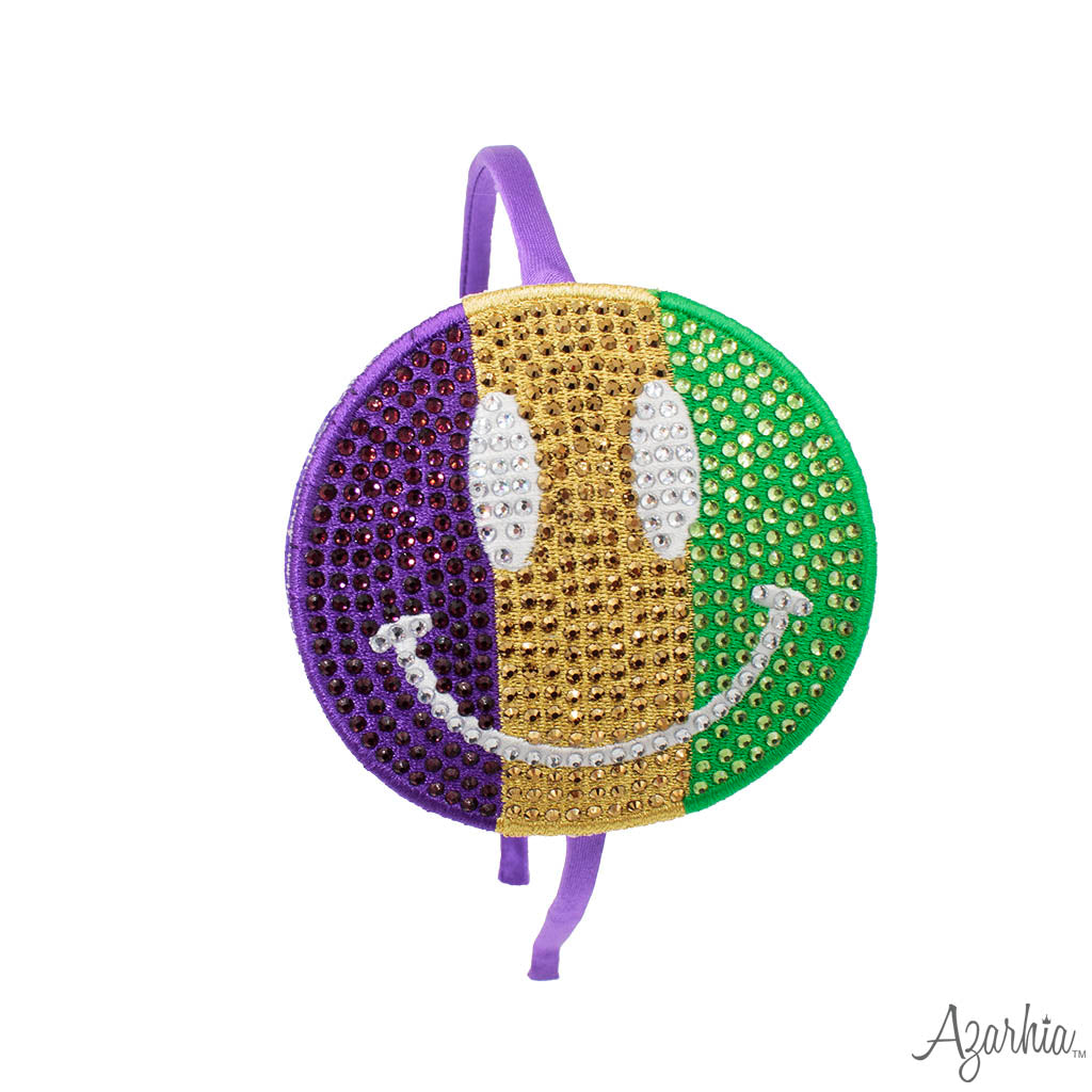 Smiley Face Rhinestone Headband in Mardi Gras