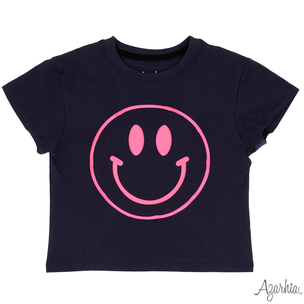 Navy Boxy T with Hot Pink Puffy Screen Print Smiley Face