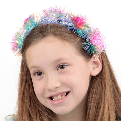 Pom Pom Tinsel Headband in Pastel Rainbow