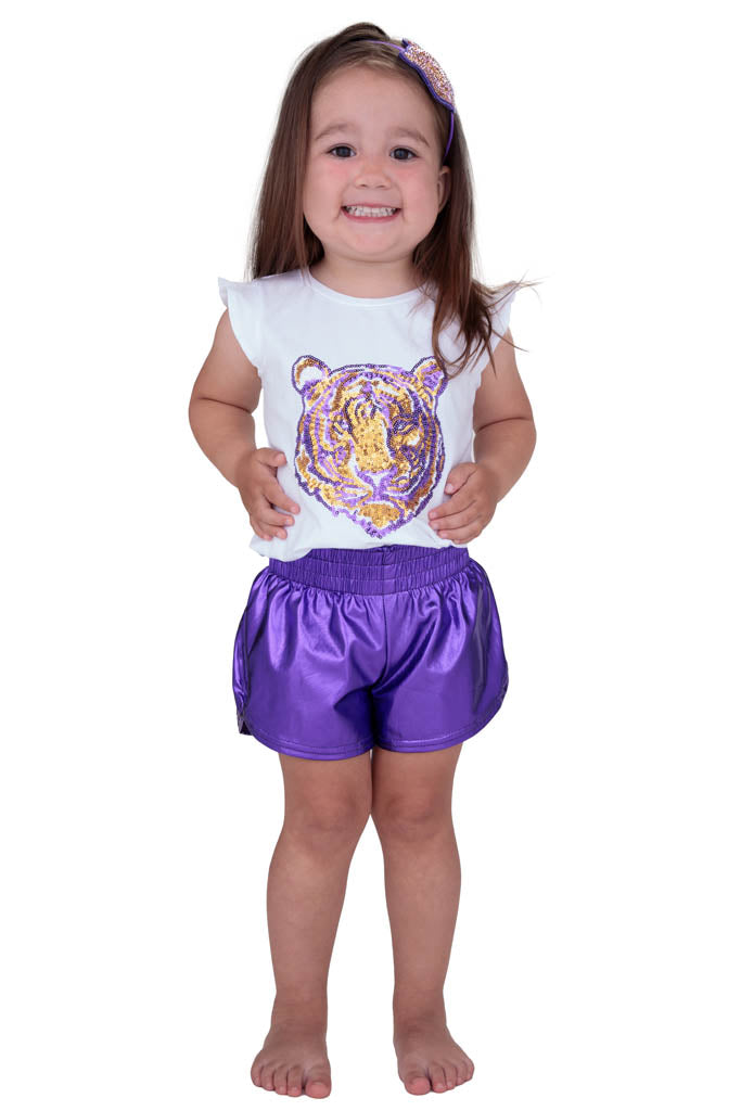 Purple Gold Sequin Tiger Face on White Ruffle Sleeve