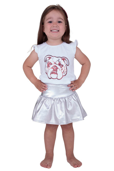 Sequin Bulldog in Maroon on Ruffle Shirt in White