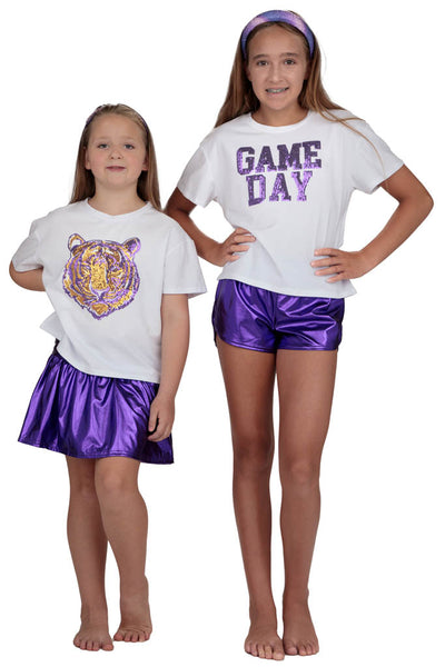 Sequin Game Day Purple on Boxy T’ in White