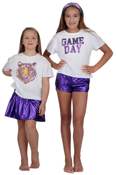 game day Sequin Tiger Face Purple & Gold Boxy T’