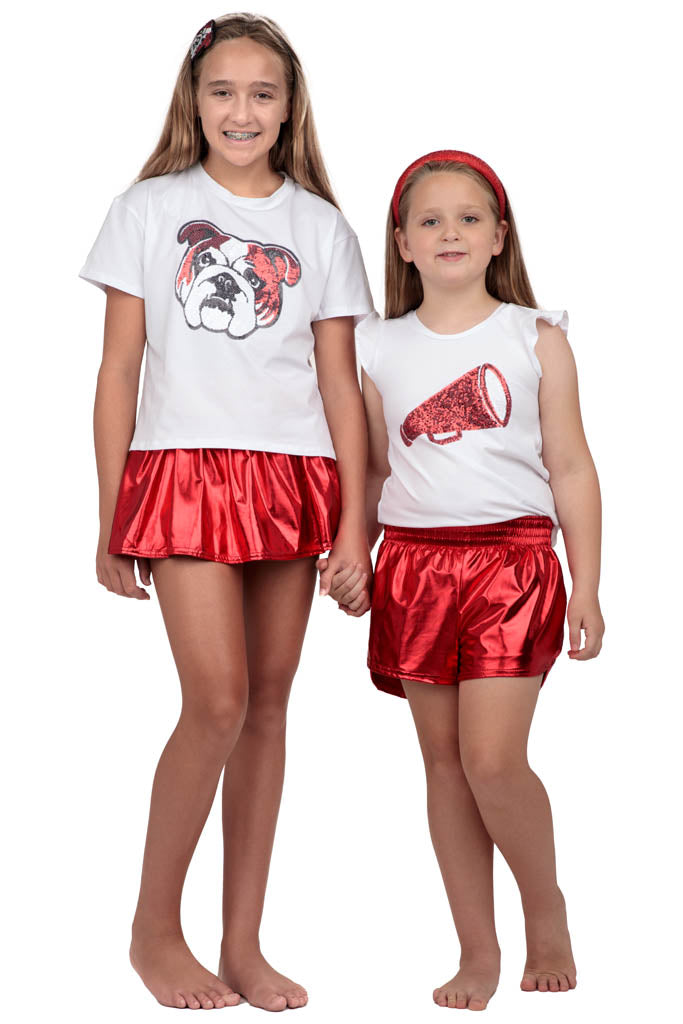 Sequin Bulldog in Red on Boxy T’ in White