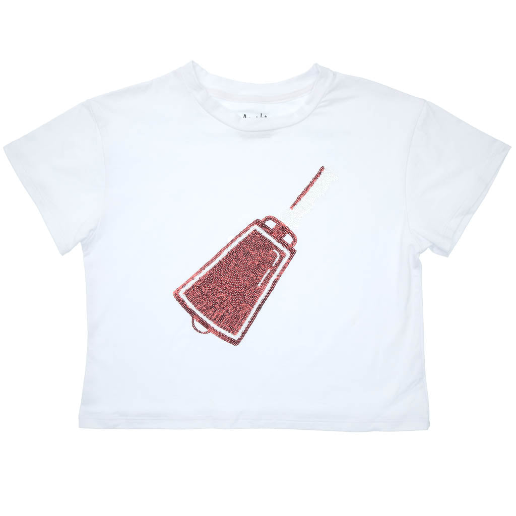Sequin Cowbell Maroon on Boxy T’ in White
