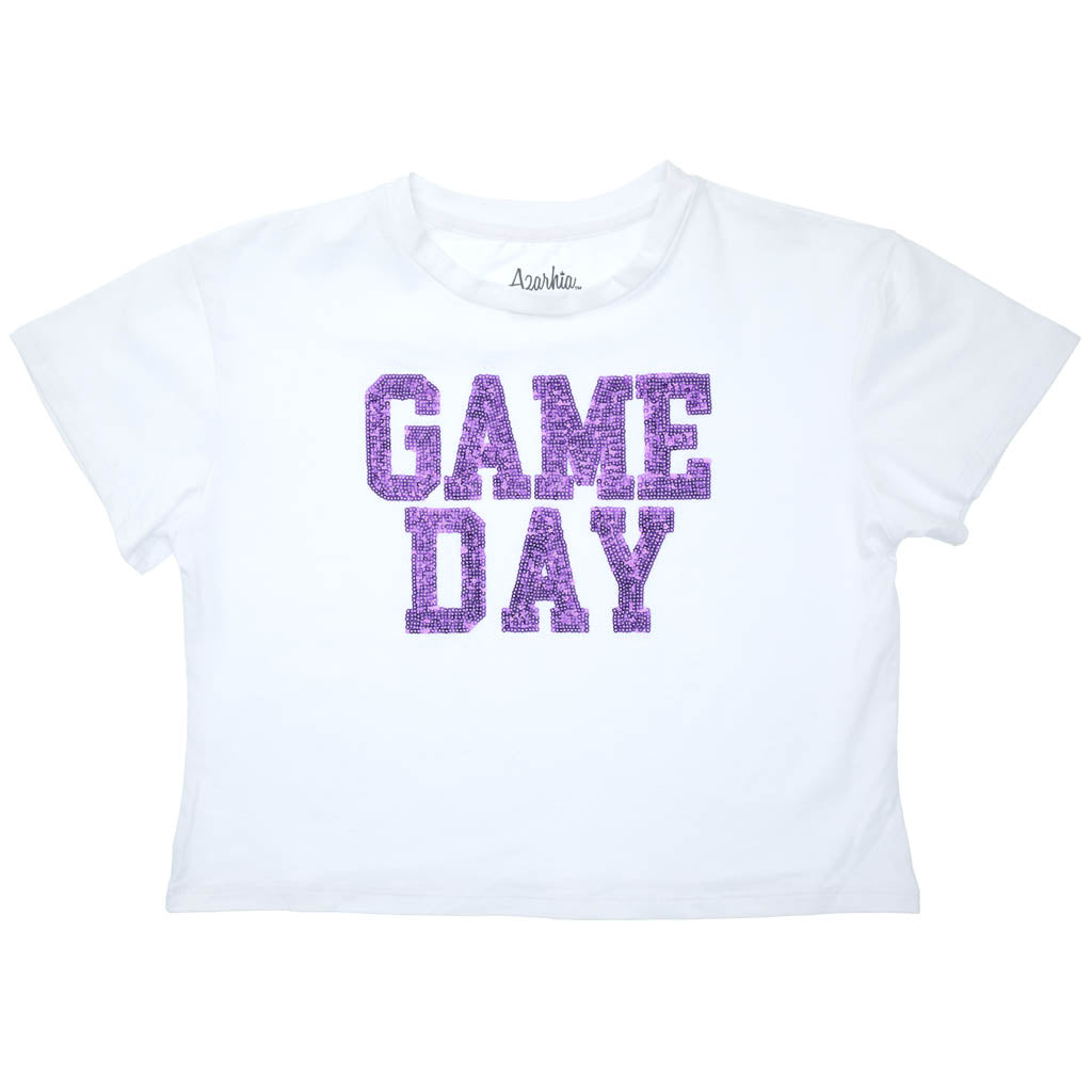 Sequin Game Day Purple on Boxy T’ in White