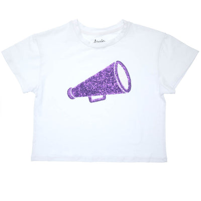 Sequin Megaphone in Purple on Boxy T’ in White