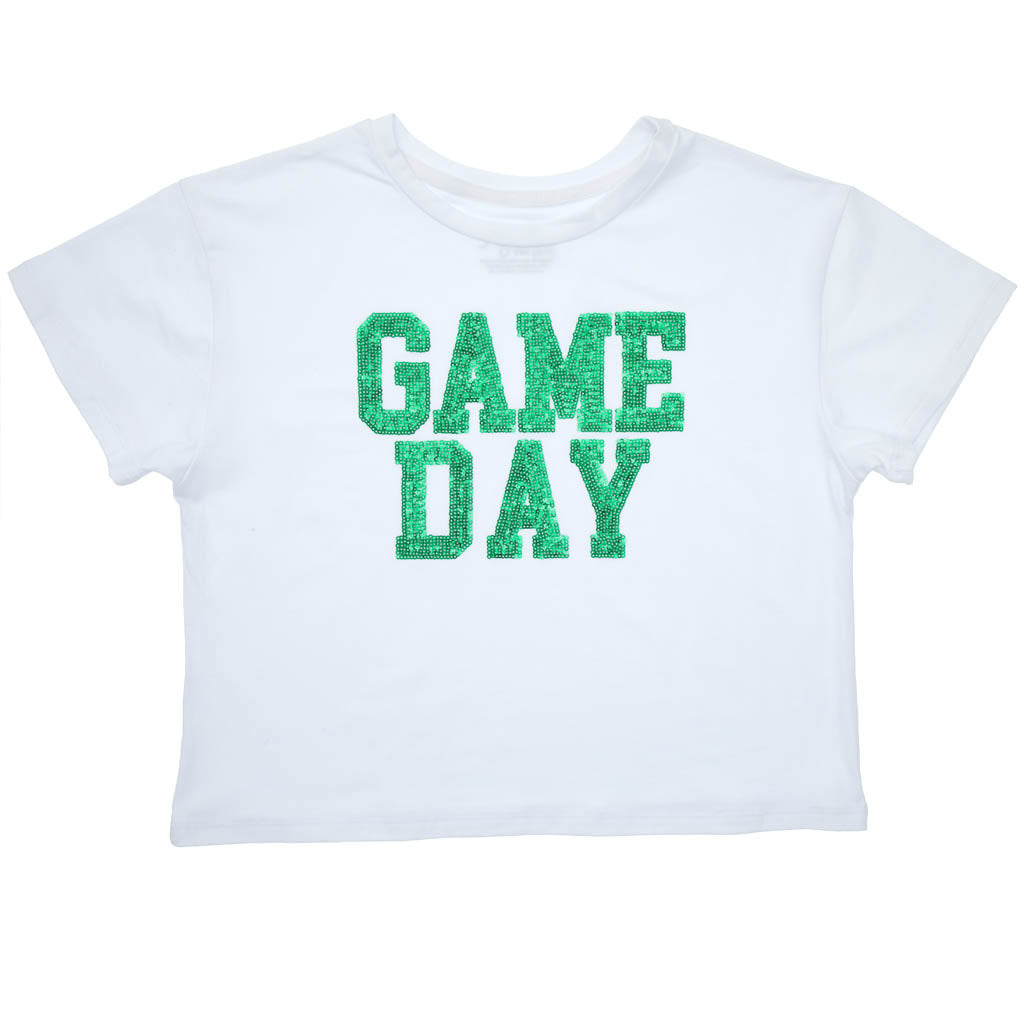 Sequin Game Day Green on Boxy T’ in White