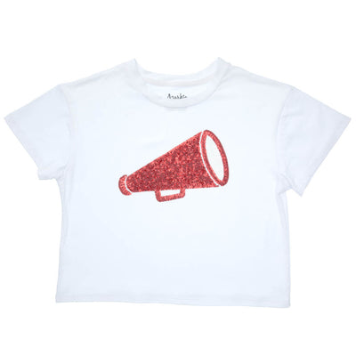 Sequin Megaphone in Red on Boxy T’ in White