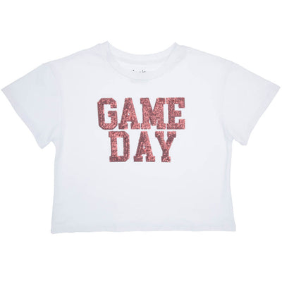Sequin Game Day Maroon on Boxy T’ in White