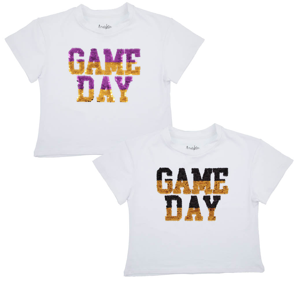 Sequin Reversible Purple/Black Solid Gold Game Day Boxy T