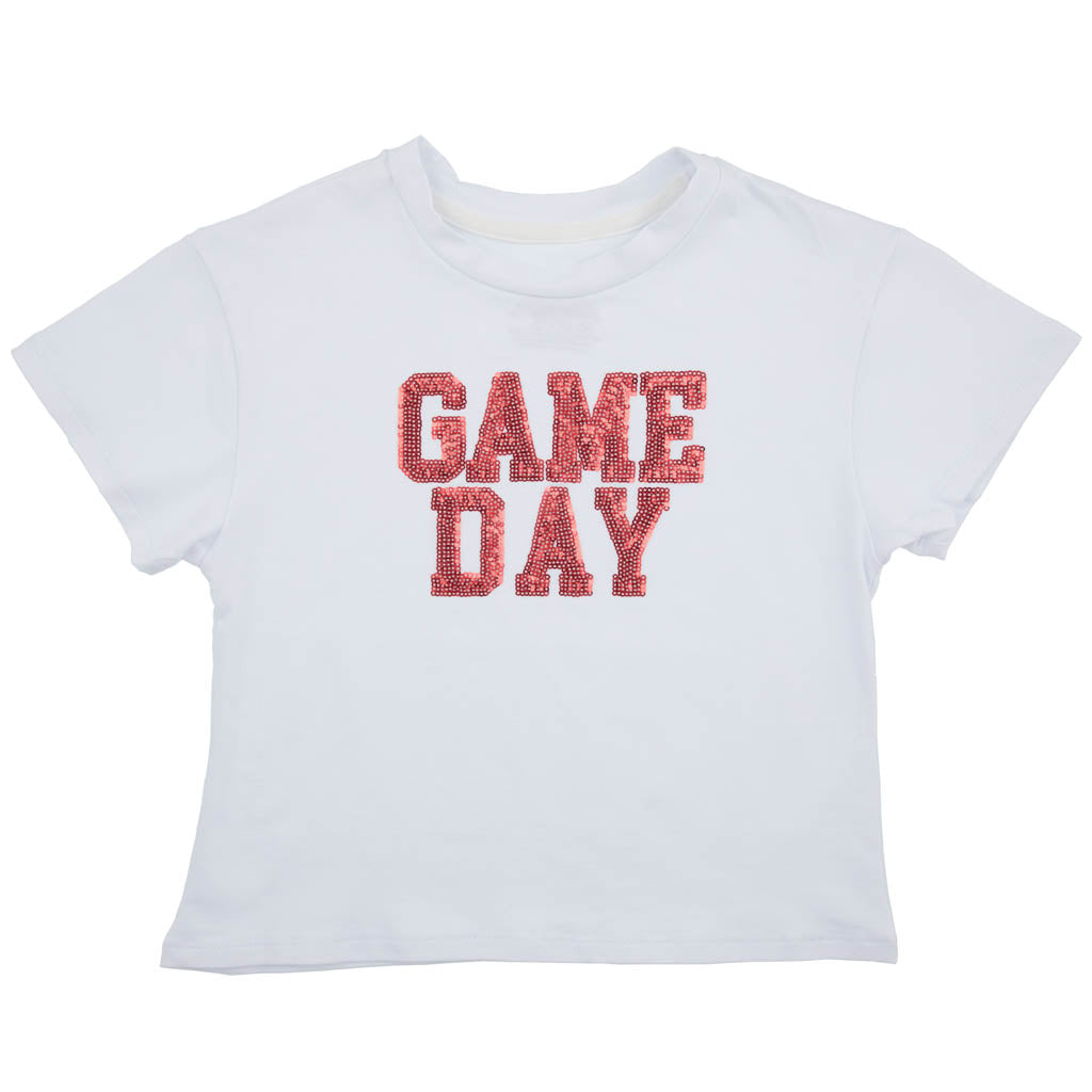 Sequin Game Day Red on Boxy T’ in White
